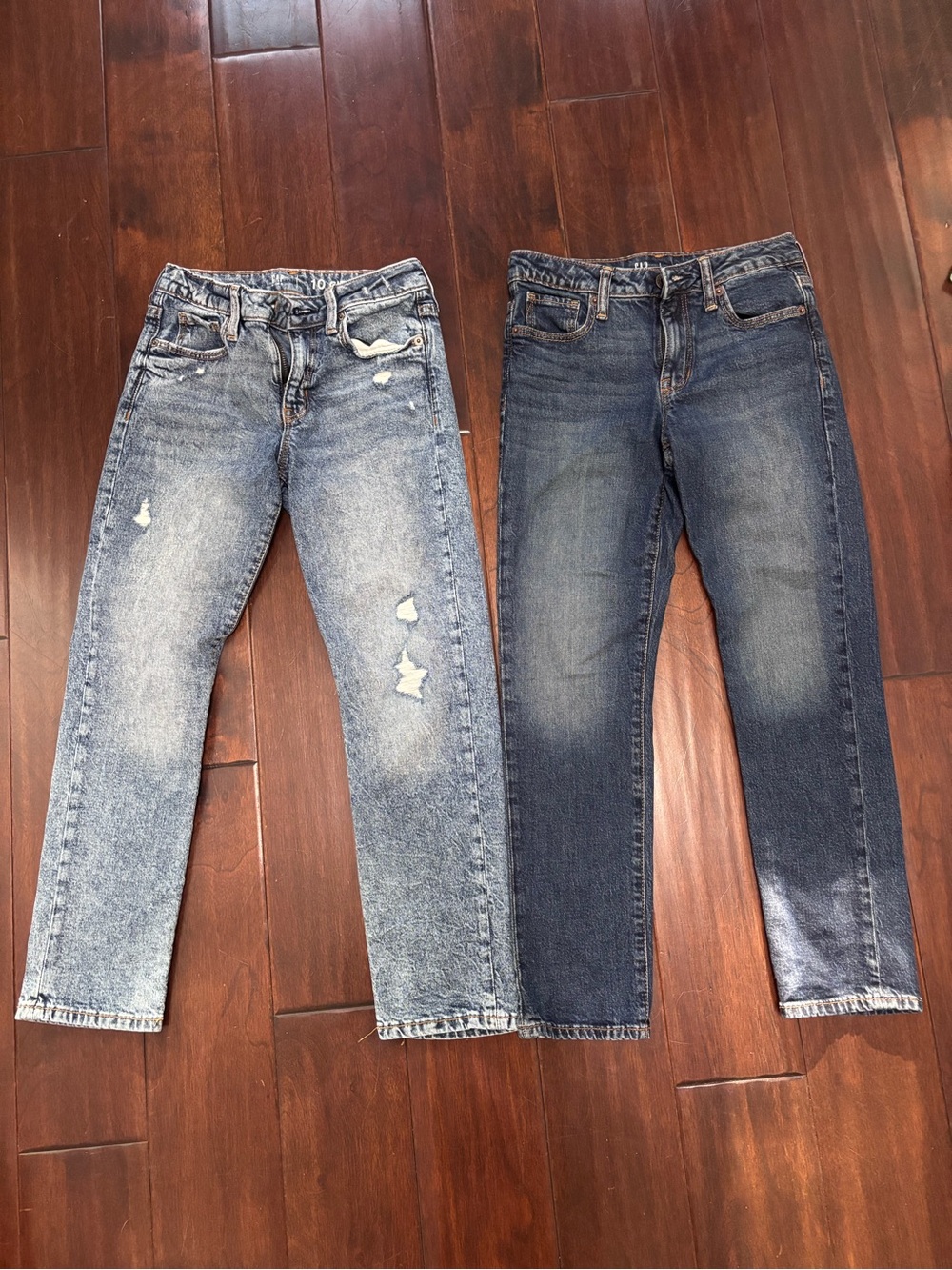 GAP Girls Girlfriend Fit Jeans in Light Blue Distressed & Dark Blue Wash